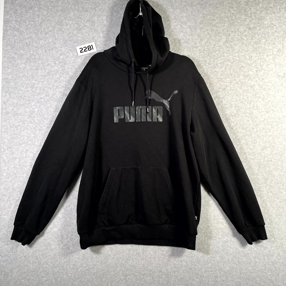 Puma Essentials Hoodie Mens Large Black Fleece Lined Graphic Print‎ Regular Fit